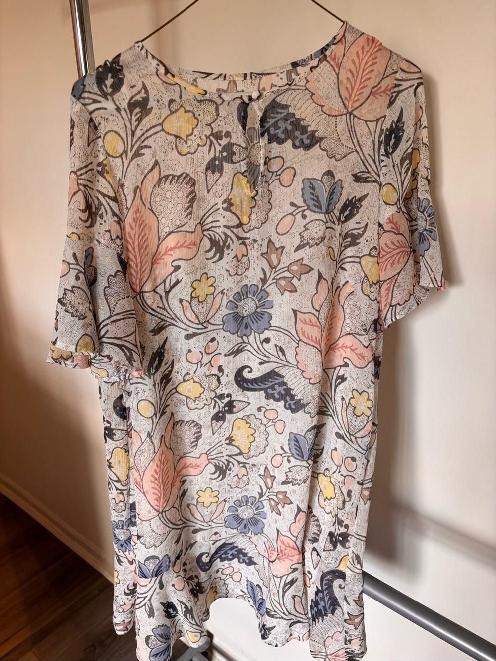 LOFT Floral Short Sleeve Tunic in Pastel Pink, Blue & Yellow